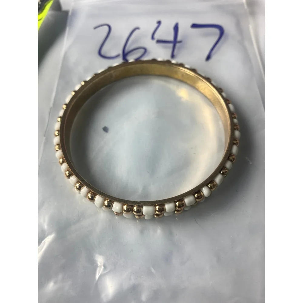 Gold Tone White Beaded Bangle Bracelet Round Slim Stackable Boho Slip On 2.75in